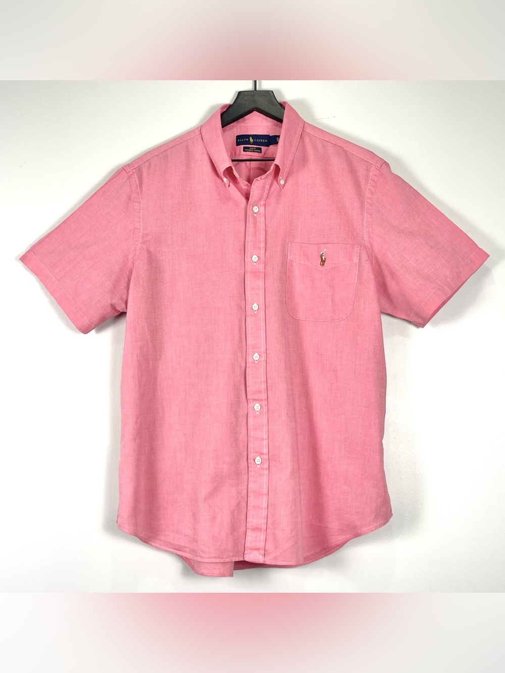 RALPH LAUREN Men Slim Fit Red Pink Chambray Oxford Short Sleeve Tan Logo X-Large